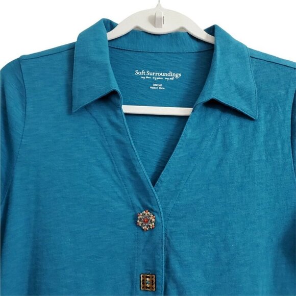 Soft Surroundings Danielle Button Top XS Teal Tunic Shirt Collared 100% Cotton - Picture 2 of 10
